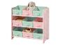 Rosa Kinderregal mit Blumenmuster und pastellfarbenen Stoffboxen.