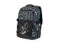 Schwarzer Rucksack mit Skateboard-Muster und einer Zeichnung eines Skateboarders.