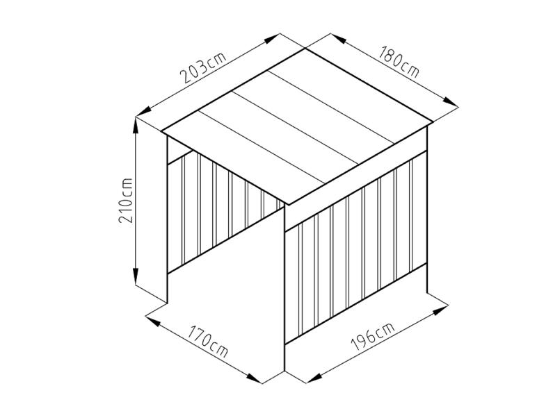 Maßzeichnung einer Pergola mit den Maßen 210 cm (Höhe), 203 cm (Länge), 180 cm (Breite), 170 cm und 196 cm.