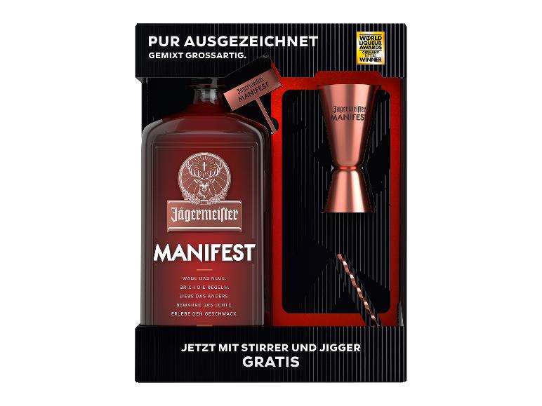 Geschenkset mit dunkler Likörflasche, Messbecher und Rührstab, mit dem Text „PUR AUSGEZEICHNET“.