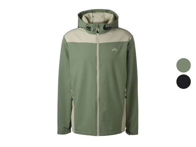 Herren-Softshelljacke in Grün und Beige mit Kapuze und Reißverschluss.