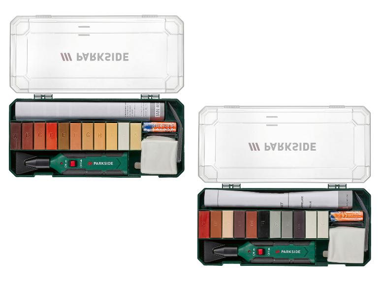 PARKSIDE Holzreparatur-Set mit Wachsstiften, Schmelzwerkzeug und Zubehör in einem Kunststoffkoffer.