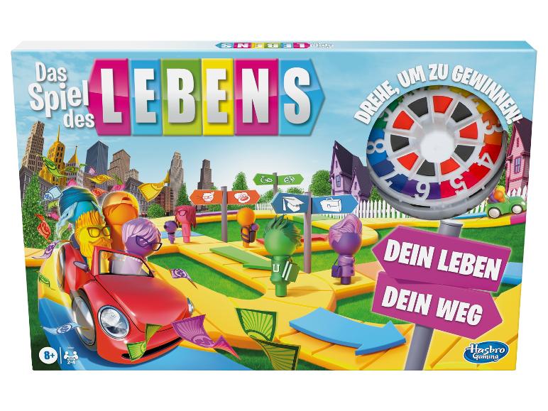 Das Brettspiel 'Das Spiel des Lebens' von Hasbro mit einem Glücksrad und Spielfiguren.