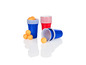 Blaue und rote Becher für Bierpong mit Tischtennisbällen.