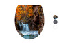 Ein Toilettensitz mit einem Bild von einem Wasserfall in einem Herbstwald.