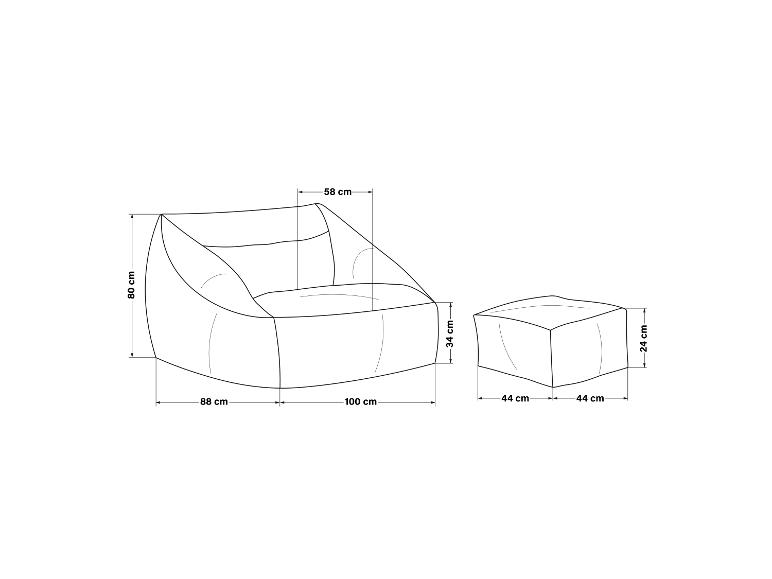 Maße eines Sitzsacks (80x100x88 cm) und eines Hockers (24x44x44 cm).