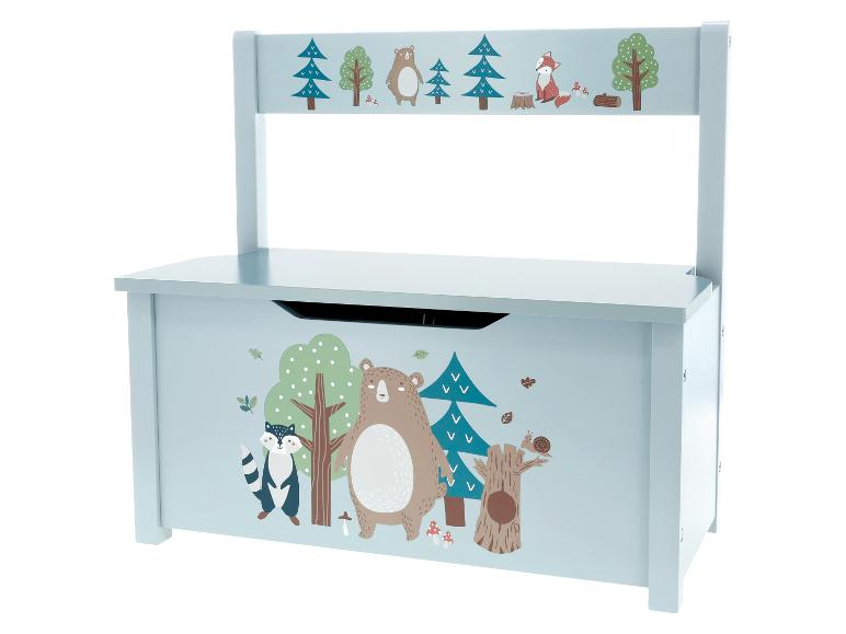 Hellblaue Spielzeugkiste mit Waldtiermotiv und Rückenlehne.