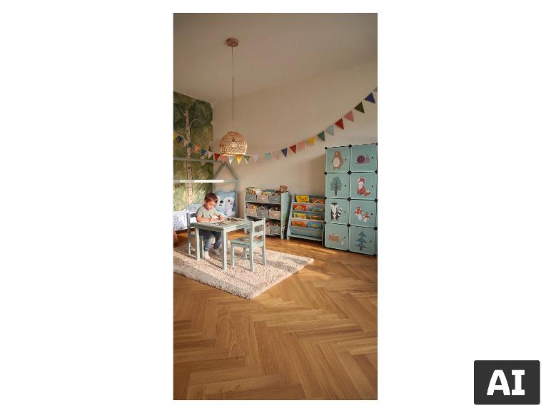 Kinderzimmer mit Bett mit LUPILU Spannbettlaken, Tisch und Aufbewahrungsmöbeln. [KI-generiertes Bild]