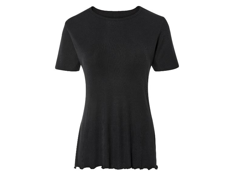 Ein schwarzes, geripptes T-Shirt mit kurzen Ärmeln.