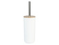 Ein weißer Toilettenbürstenhalter mit Holzdeckel.