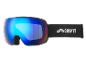 Skibrille mit blau-lila verspiegelten Gläsern und schwarzem Band mit weißem Logo