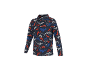 Langarmshirt mit Fuchs- und Bergmuster in Rot, Blau und Weiß auf dunkelblauem Hintergrund.