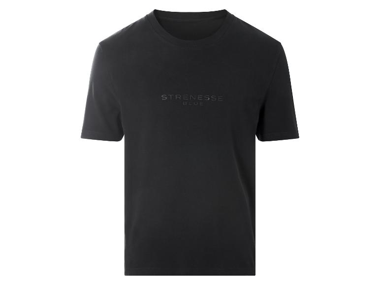 Schwarzes Kurzarm-T-Shirt mit dem Text „STRENESSE BLUE“ auf der Brust.