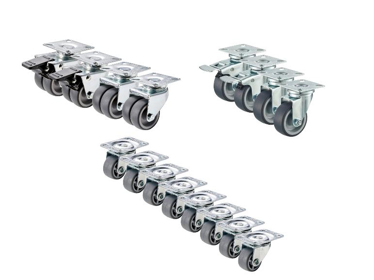 Satz Lenkrollen mit und ohne Bremse, mit grauen Rädern und Metall-Montageplatten.