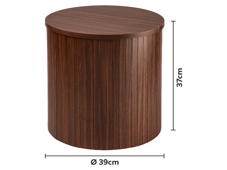 Zylindrischer Beistelltisch aus dunklem Holz mit den Maßen 37 cm Höhe und 39 cm Durchmesser.