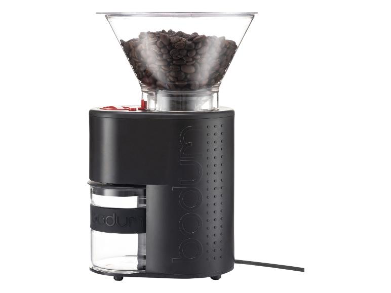 Schwarze Kaffeemühle mit transparenten Behältern für Bohnen und gemahlenen Kaffee.