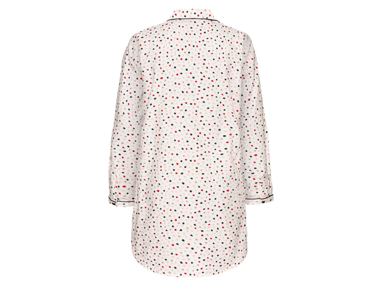 Weißes Nachthemd mit roten, schwarzen und beigen Punkten.