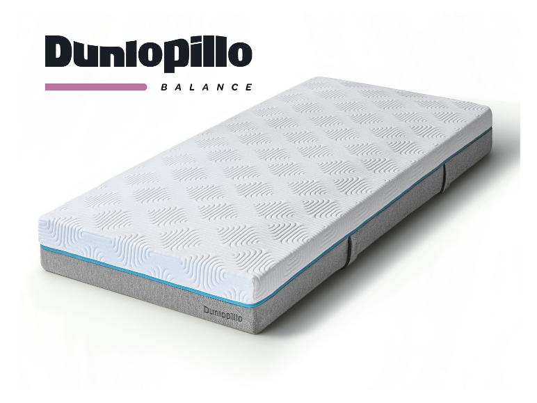 Weiße Matratze mit strukturiertem Muster und blauer Zierleiste, beschriftet mit „BALANCE“.