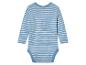 Ein langärmliger Babybody mit blau-weiß gestreiftem Muster.