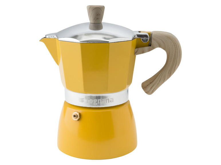 Eine gelbe Bialetti Moka Express Kaffeekanne.