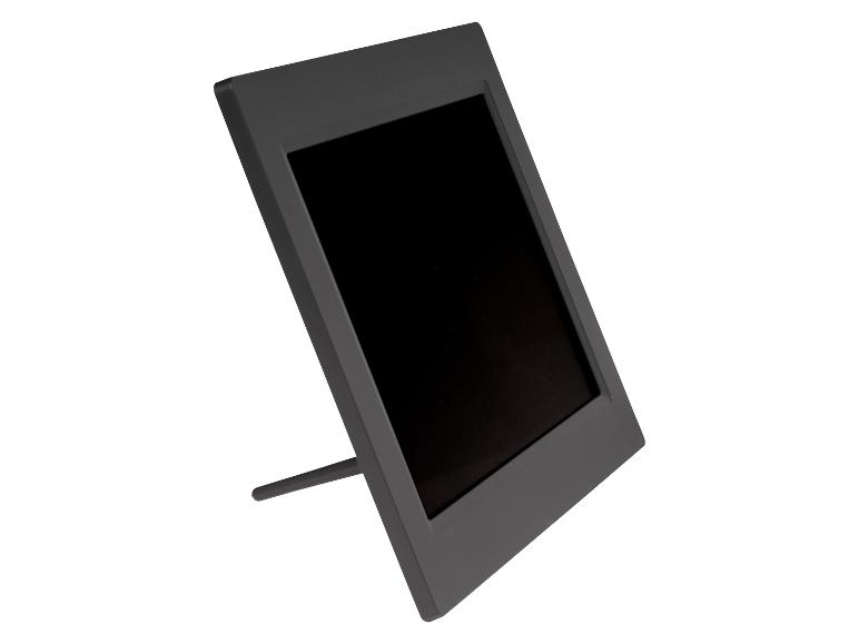 Ein schwarzer digitaler Bilderrahmen mit einem leeren Bildschirm.