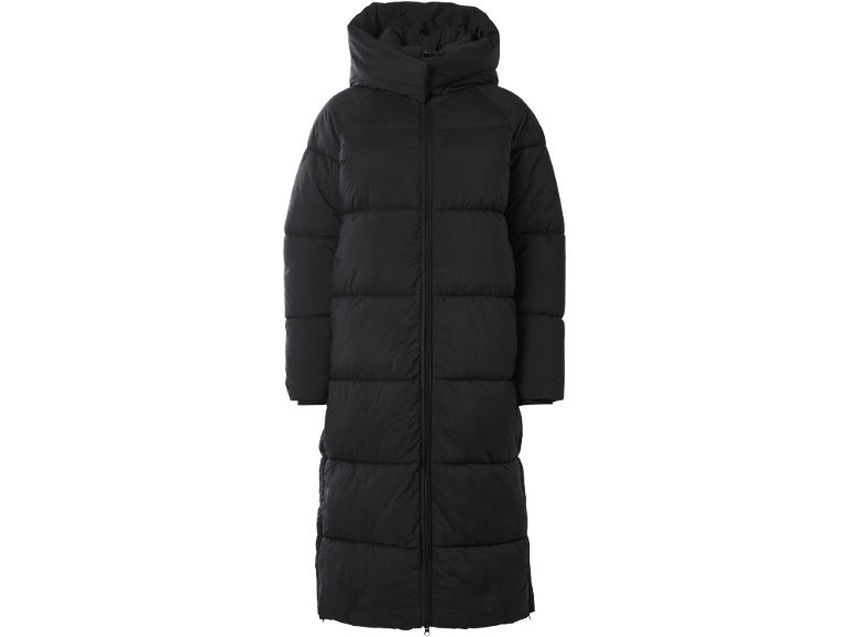 Langer schwarzer Damen-Wintermantel mit Kapuze