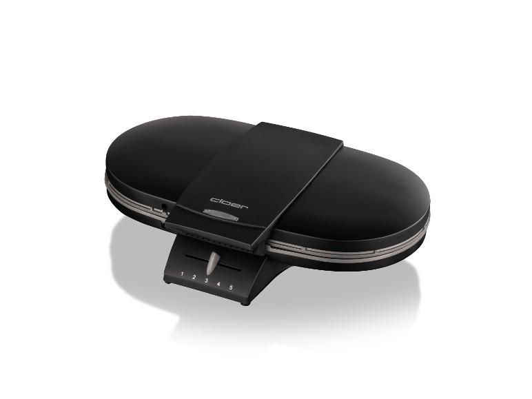Schwarzes Waffeleisen mit einstellbarer Temperaturregelung und elegantem Design.