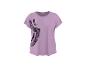 Lila Damen-T-Shirt mit kurzen Ärmeln und schwarzem Leopardenmuster.