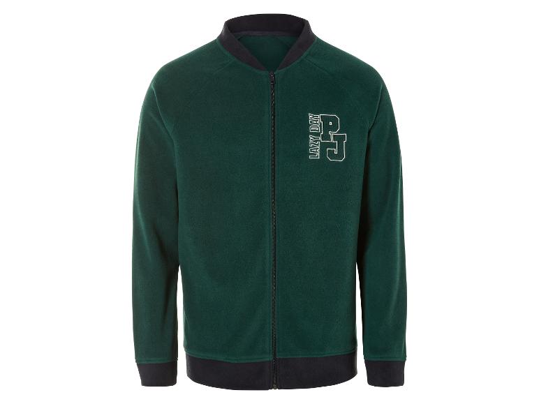 Grünfarbener Fleece-Pullover mit Reißverschluss und dem Aufdruck 'Lazy Day'.