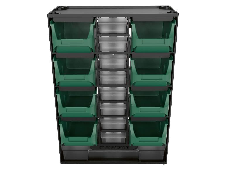 Lagerregal mit grünen Behältern und transparenten Schubladen zur Organisation von Kleinteilen