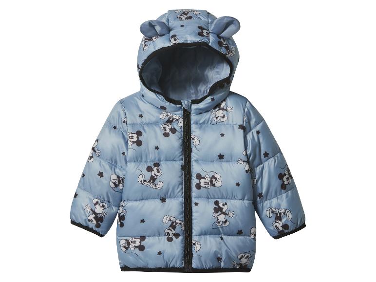 Blaue Kinder-Pufferjacke mit Mickey-Mouse- und Sternenmuster, mit Kapuze und Ohren.