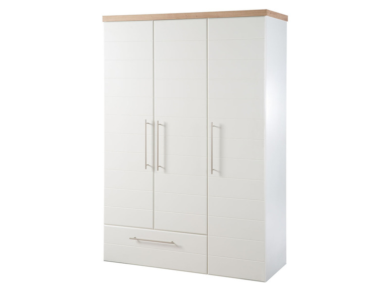 Ein weißer Kleiderschrank mit zwei Türen und einer Schublade.