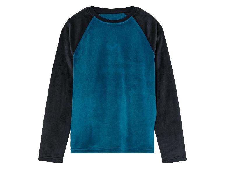 Ein türkisfarbener Pullover mit langen Ärmeln und schwarzen Einsätzen.