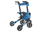Ein blauer Rollator mit Sitz und Tasche