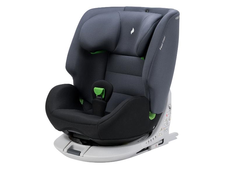 Grauer und schwarzer Kindersitz mit grünen Akzenten auf weißem Hintergrund