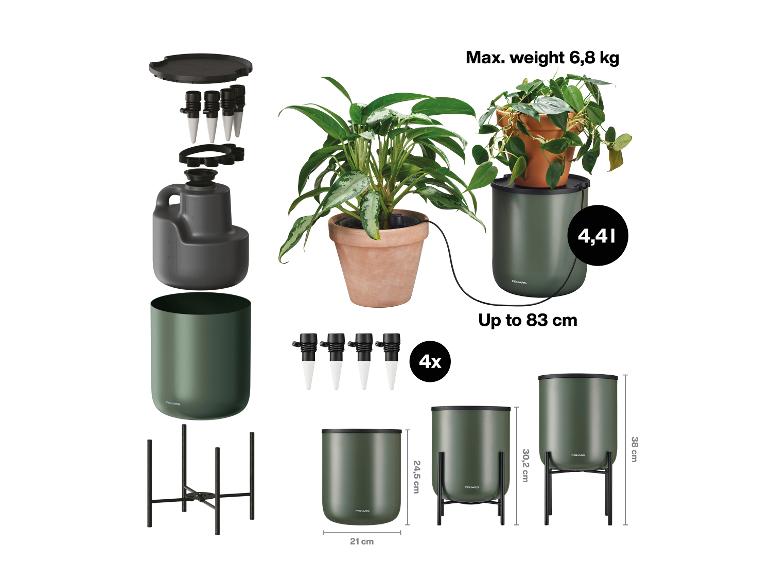 Selbstbewässerungssystem mit 4,4L Reservoir, Pflanztöpfen und Ständern, max. Gewicht 6,8 kg, bis 83 cm.