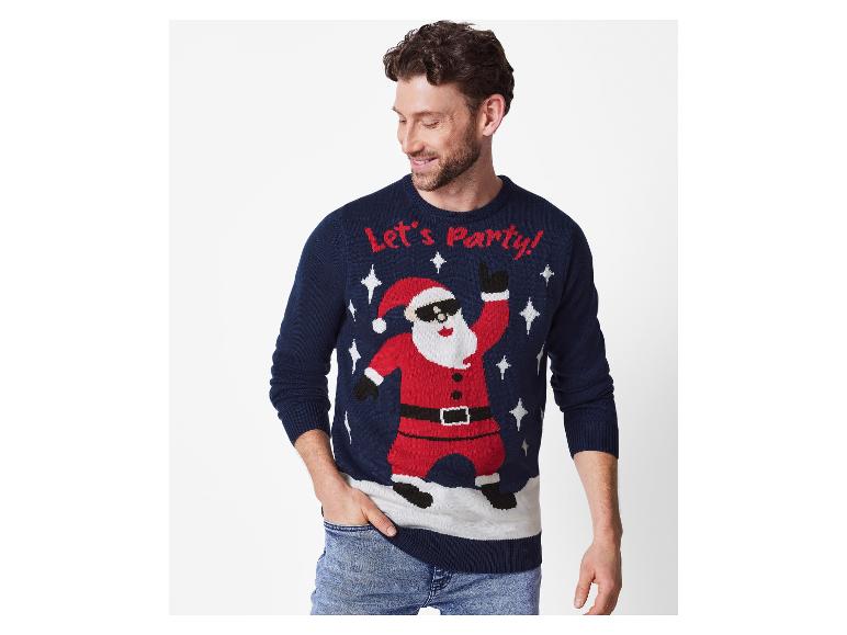 Mann in einem marineblauen Weihnachtspullover mit tanzendem Weihnachtsmann und „Let's Party!“-Text