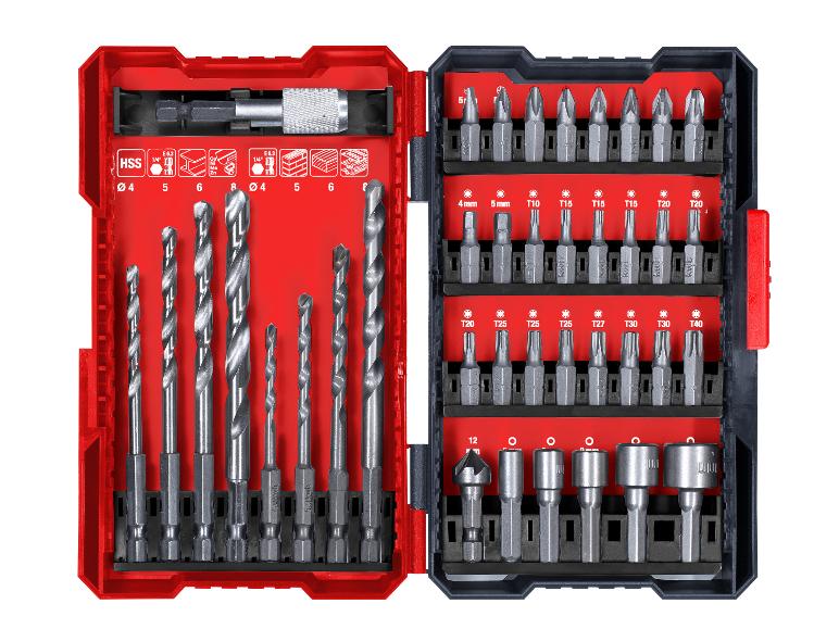 Bohrer- und Bit-Set in roter und schwarzer Box, mit HSS-Bohrern und Torx-Bits.