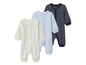 Drei Baby-Strampler in verschiedenen Farben und Mustern.