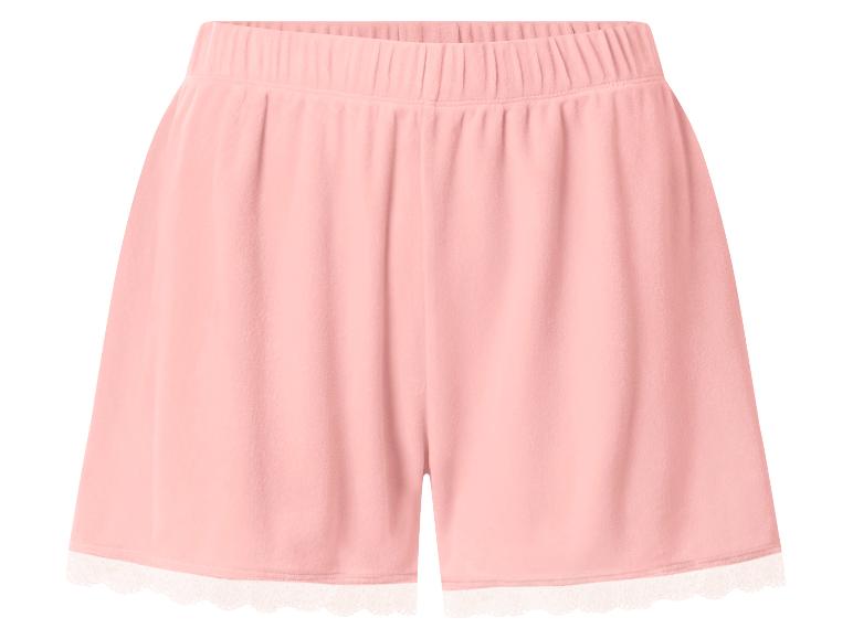 Rosa Damenshorts mit elastischem Bund und weißer Spitzenborte.