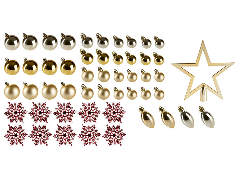 Weihnachtsbaumschmuck mit goldenen Kugeln, silbernen Ornamenten und Schneeflocken.