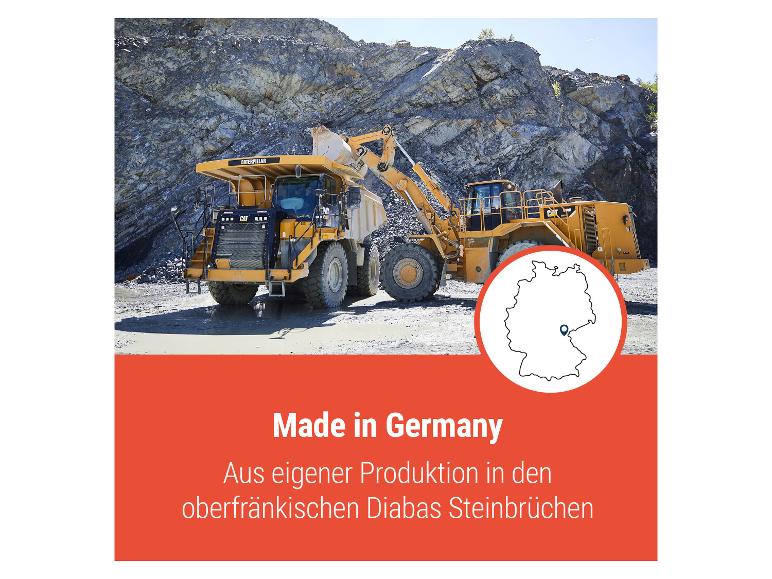Schwere Maschinen in einem Steinbruch, mit der Aufschrift „Made in Germany“ und einer Germanlandkarte.