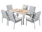Gartenmöbel-Set mit einem rechteckigen Holztisch und sechs Stühlen mit grauen Kissen.