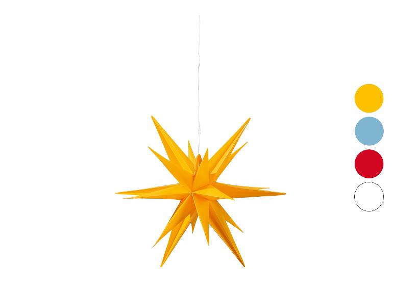 Gelber Papierstern mit 18 Zacken, der an einer weißen Schnur hängt.
