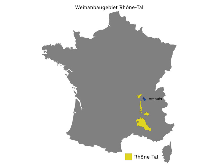Karte Frankreichs mit der Weinbauregion Rhône-Tal markiert.