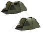 Zwei grüne Easy Camp Zelte in verschiedenen Konfigurationen.