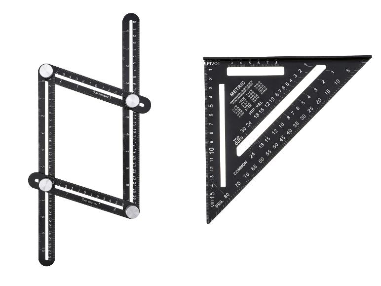 PARKSIDE Winkelschablone und Anschlagwinkel mit metrischen Maßen.