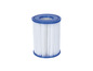 Ein weißer Poolfilter mit blauen Rändern.