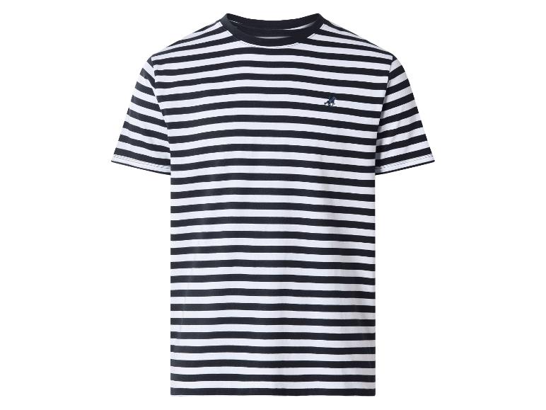 Schwarz-weiß gestreiftes Kurzarm-T-Shirt mit kleinem blauem Logo.
