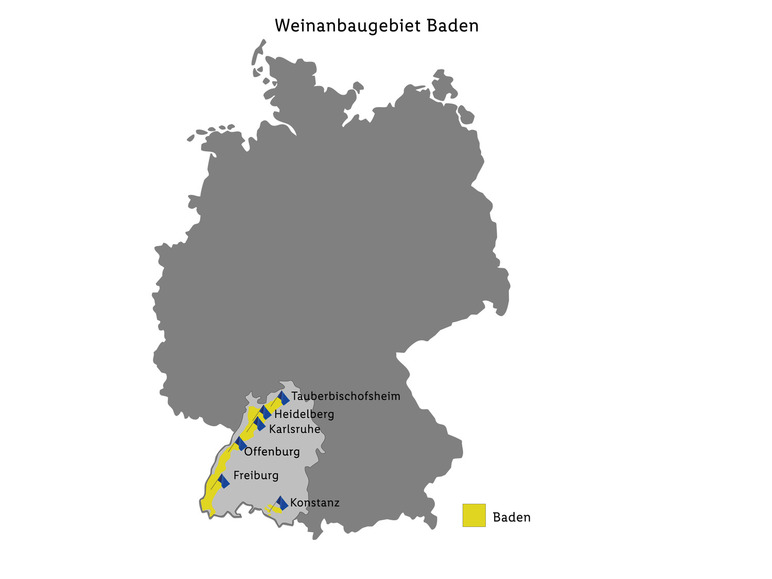 Karte von Deutschland mit der Weinbauregion Baden, inklusive Städten wie Heidelberg, Karlsruhe und Konstanz.